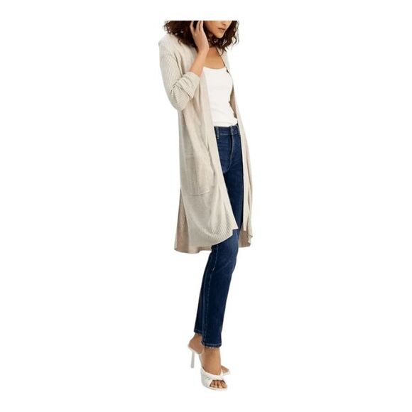 INC International Concepts Ribbed Open Front Long Cardigan Sweater Beige Medium - Picture 1 of 11